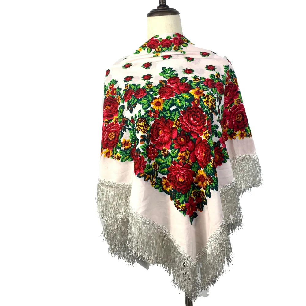 Russian Scarf Women Fringed Square Shawl Ethnic Floral Print Ukraine Scarves Babushka Bandana Handkerchief Blanket Shawls