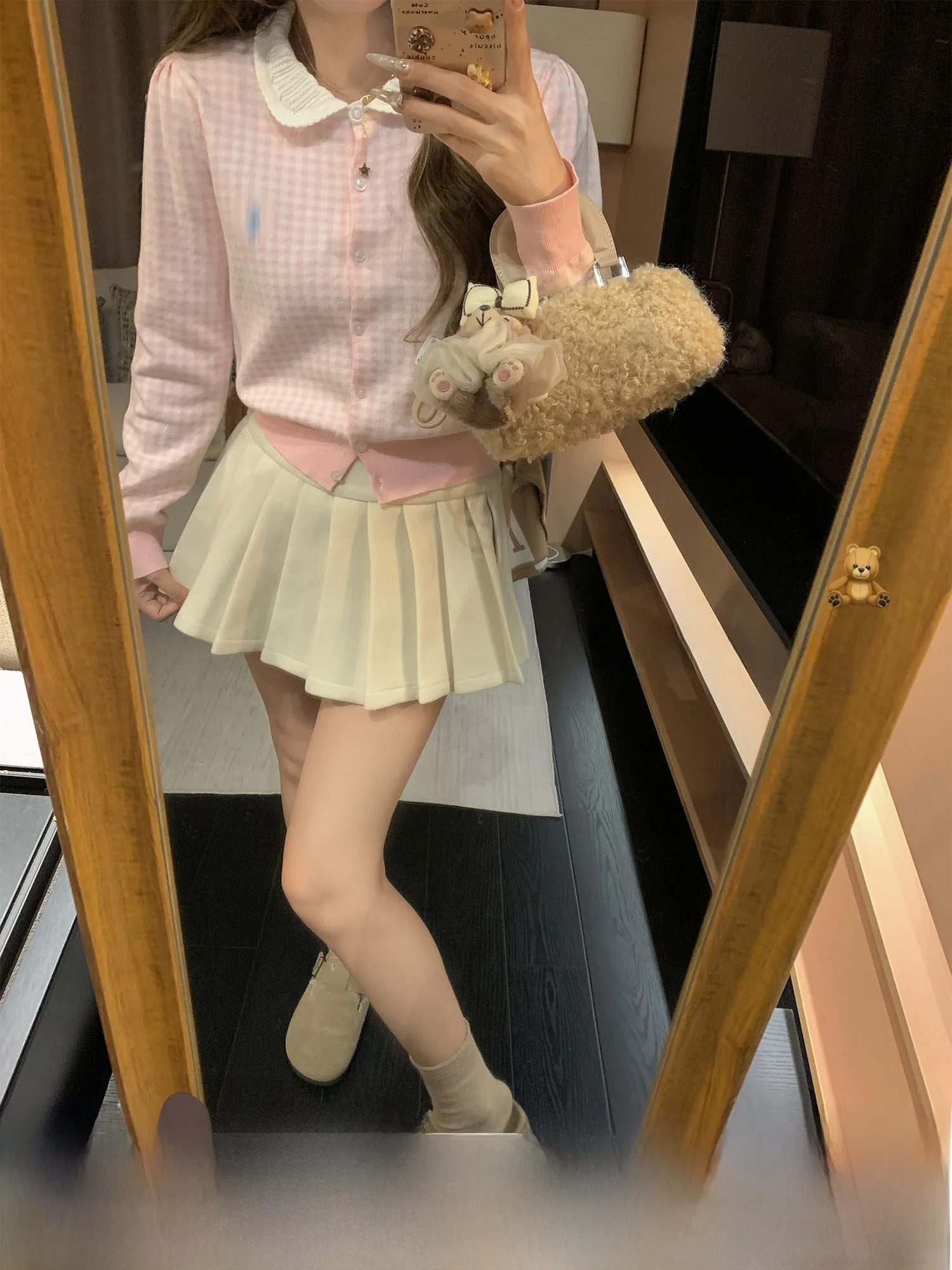 

Cute Sle Knitted ort Sweater DDXZ Evening Sweet Girl Plaid Embroidery Doll Collar oulder Length Open Cardigan for Women