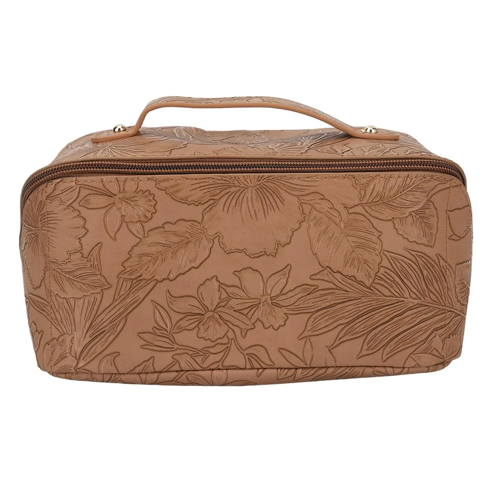 Light Brown PU Leather Makeup Bag with Zipper, Waterproof & Scratch-Resistant, Travel Toiletry Organizer with Handle