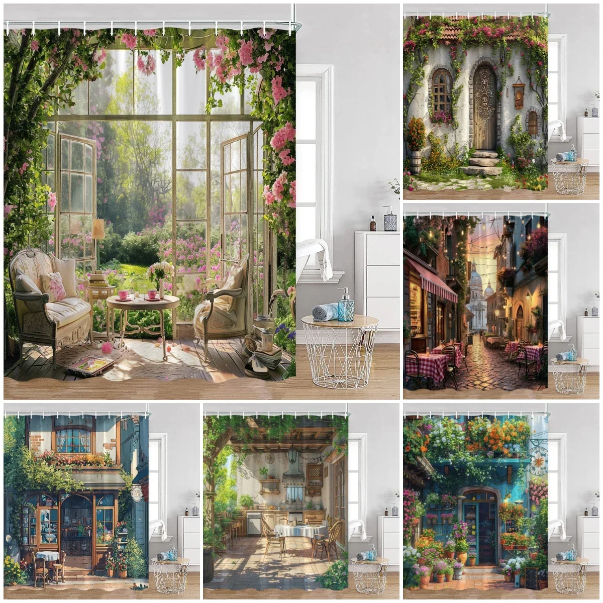 Hand-painted Street View Shower Curtains European Garden Cafe Green Plants Flowers Greenery Bathroom Decor Modern Bath Curtain