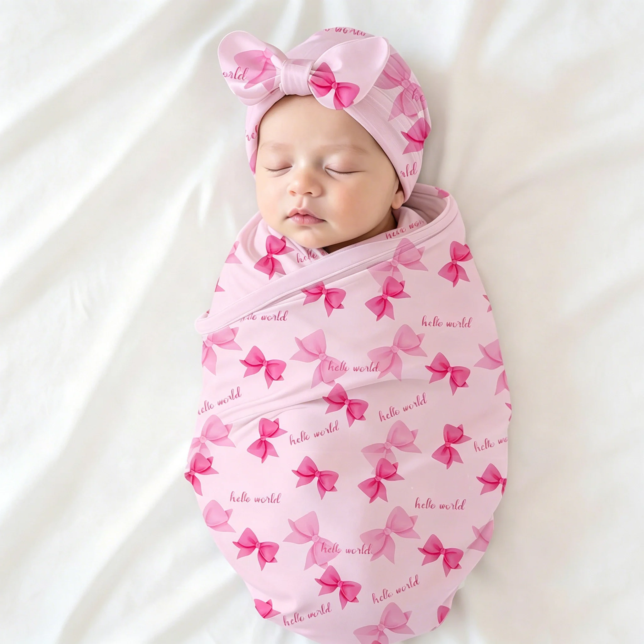 Ylsteed Newborn Photography Receive Blanket Newborn Bow Print Swaddle Blanket with Hat Bedding Infant Bath Towel Baby Items-HD