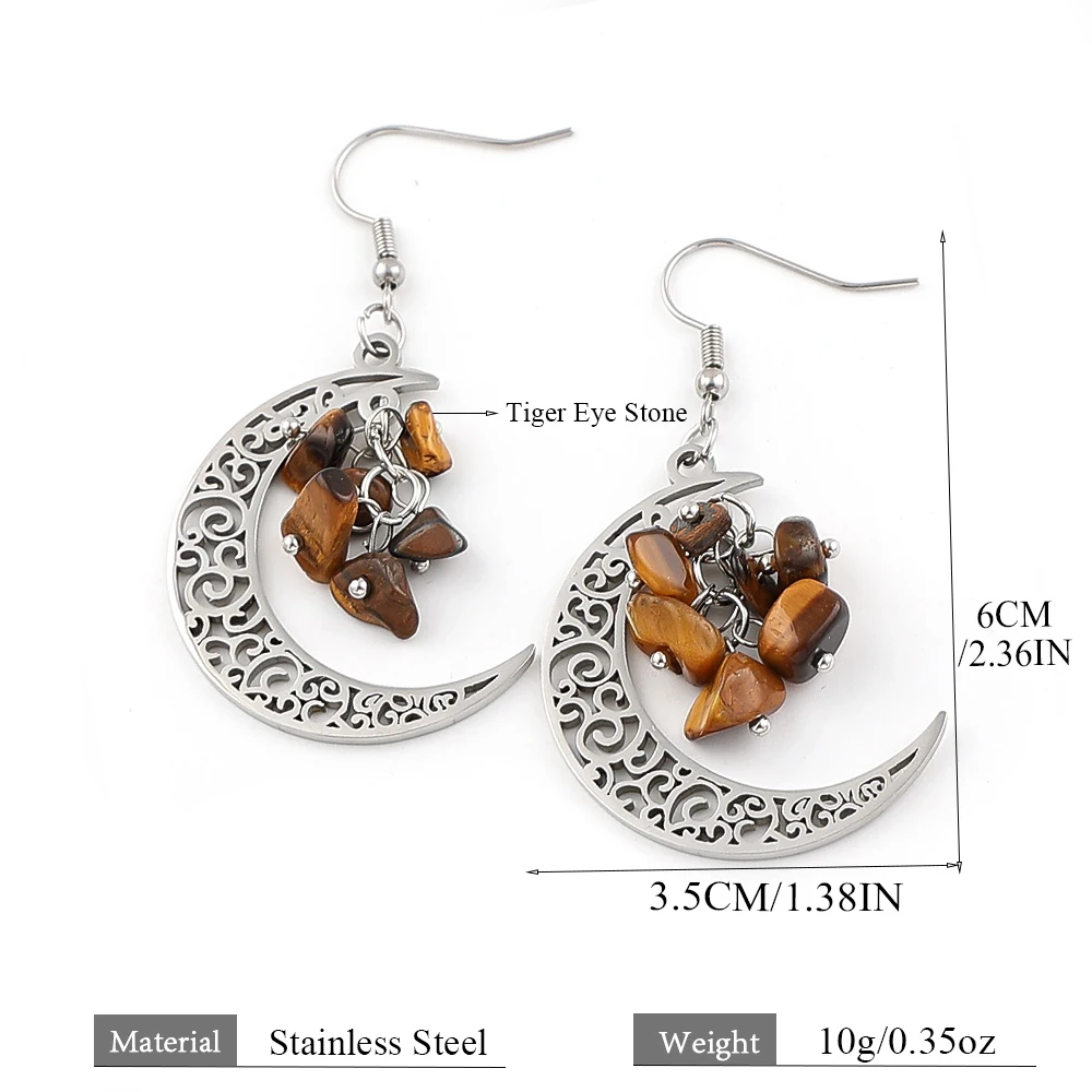 Crescent Moon Natural Tiger Eye Stone Drop Earrings for Women Stainless Steel Witchcraft Witch Crystals Dangle Earrings Jewelry view 6