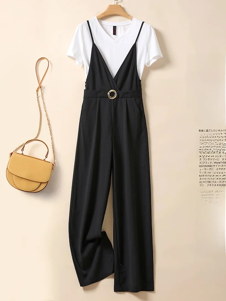 

Летний тонкий прямой повседневный комбинезон для женщин с высокой талией, из струящегося ледяного шелка, с широкими штанинами, в корейском стиле, для работы и повседневной носки