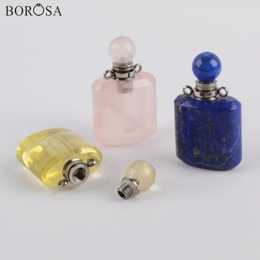 

BOROSA 5Pcs Silver Plated Multi Kind Natural Stones Perfume Connector for Necklace Jaspers Essential Oil Bottle for Women Gifts