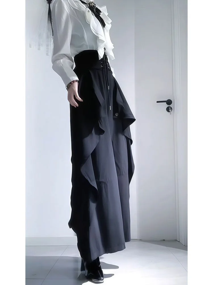 Gothic Knight Autumn Collection White Lace Shirt Waist Belt Black Irregular Pants Three-Piece Set for Women Office Date Wear