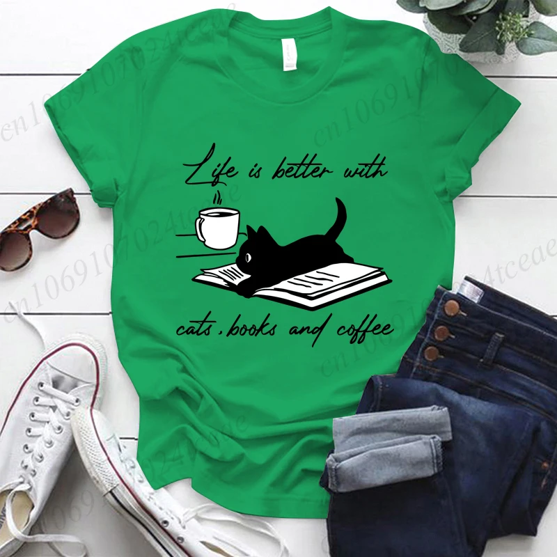 고양이, 책 및 커피 Tshirt와 함께 삶은 더 좋습니다 재미 있은 인용문 인쇄 T-셔츠 여름 패션 Tshirt 여성 반팔 티셔츠