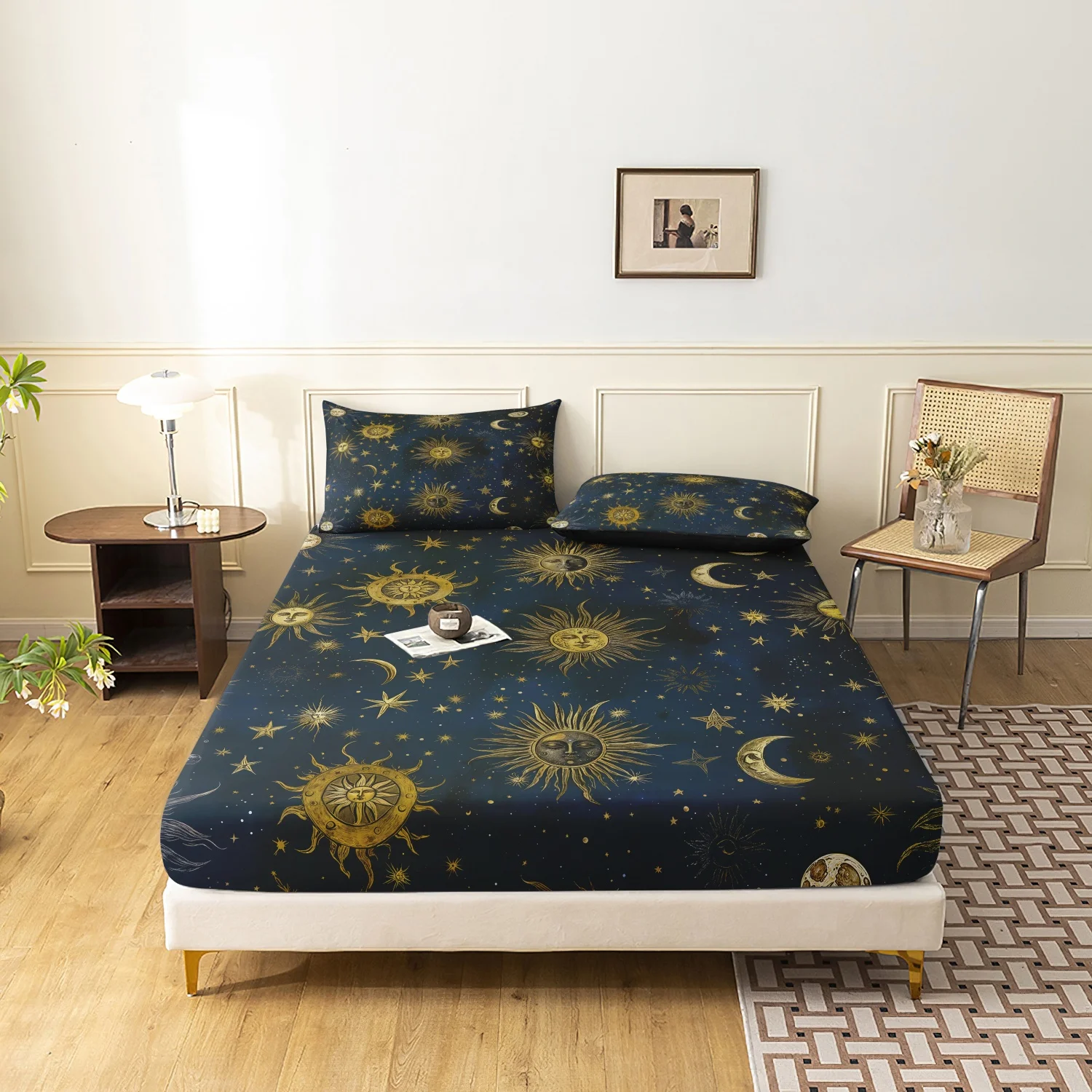 3 Pieces Dark Blue Celestial Sun Moon Fitted Sheet Bedding Set, Vintage Star Galaxy Print Bedding, Bohemia Cosmic Decor Bedding