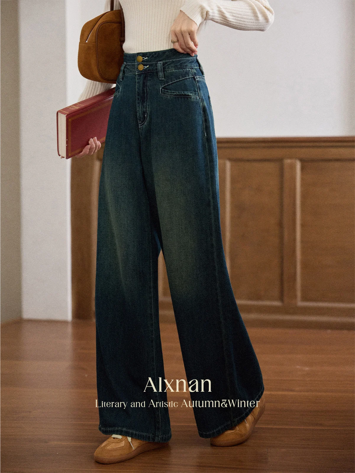 

ALXNAN Blue Jeans Straight Casual Vintage High-waist Wide-leg Women's Denim Pants 2025 Autumn Cotton Baggy Jeans Female L569133
