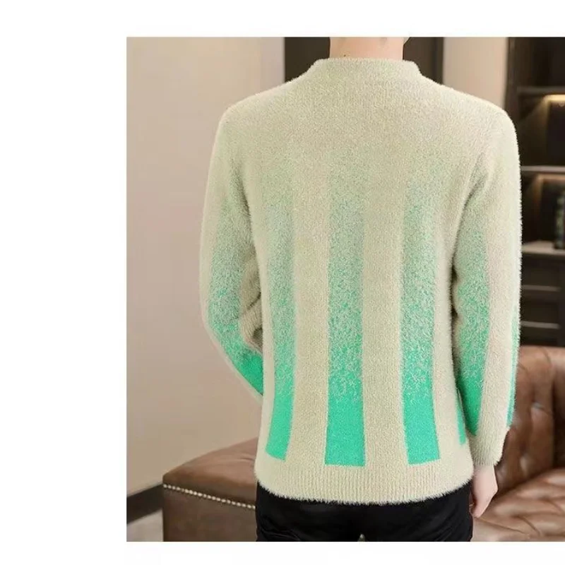 2023 New Men\'s Clothing Half High Collar Long Sleeve Autumn Winter Vintage Casual All-match Contrast Color Striped Pullovers