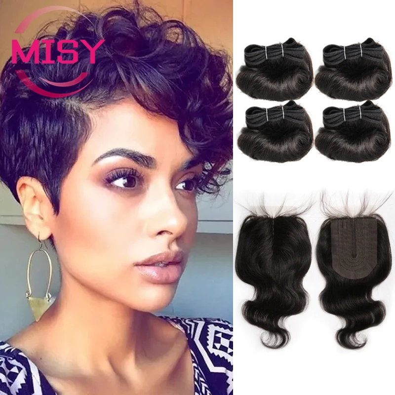 Short Curly Human Hair Bundles With Closure Brazilian Natural Hair Bundles With Closure 4x1 T Part Closure Non-Remy Human Hair