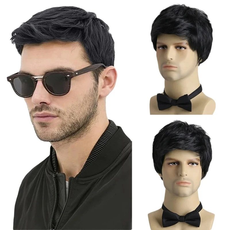 

Men's black gray short hair fashionable synthetic fiber wig