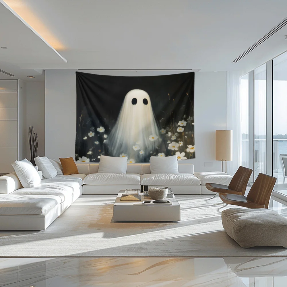 VIKAMA Halloween Gothic Wall Tapestry Retro Oil Painting Style Daisy Cute Ghost Black Background Small Flowers Gentle Wallpaper