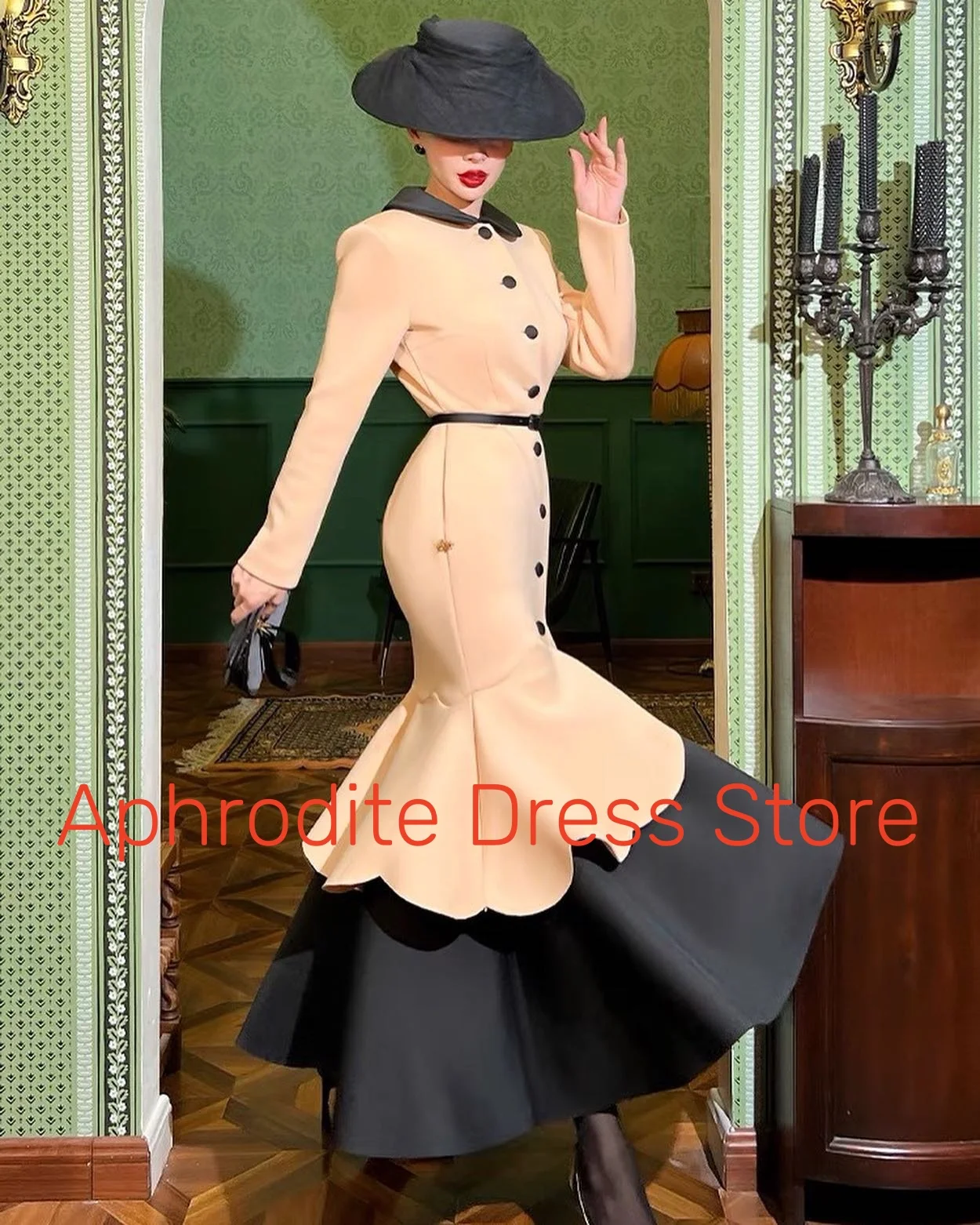 Abiti da sera personalizzati con cintura con bottoni a sirena in jersey di alta qualità Abito da cocktail moderno a maniche lunghe Par su misura