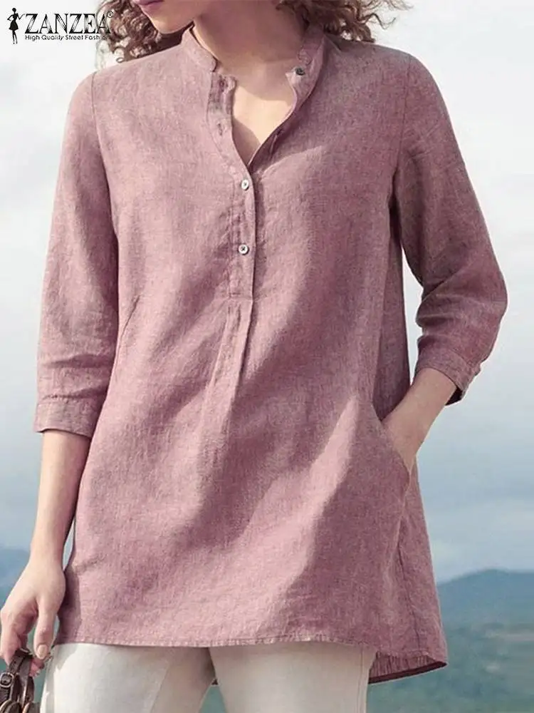 Women\'s Summer Blouse Elegant Oversized Tunic ZANZEA 2024 Casual Button Shirts Blusas Female V Neck Solid Tops Woman Chemise