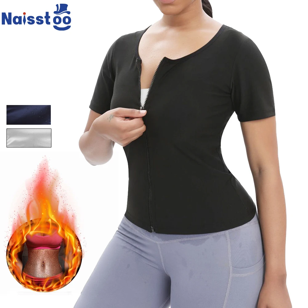 

Naisstoo Sauna Sweat Vest Women Zipper Hot Slimming Fat Burning Body Shaper Short Sleevs Weight Loss Vest