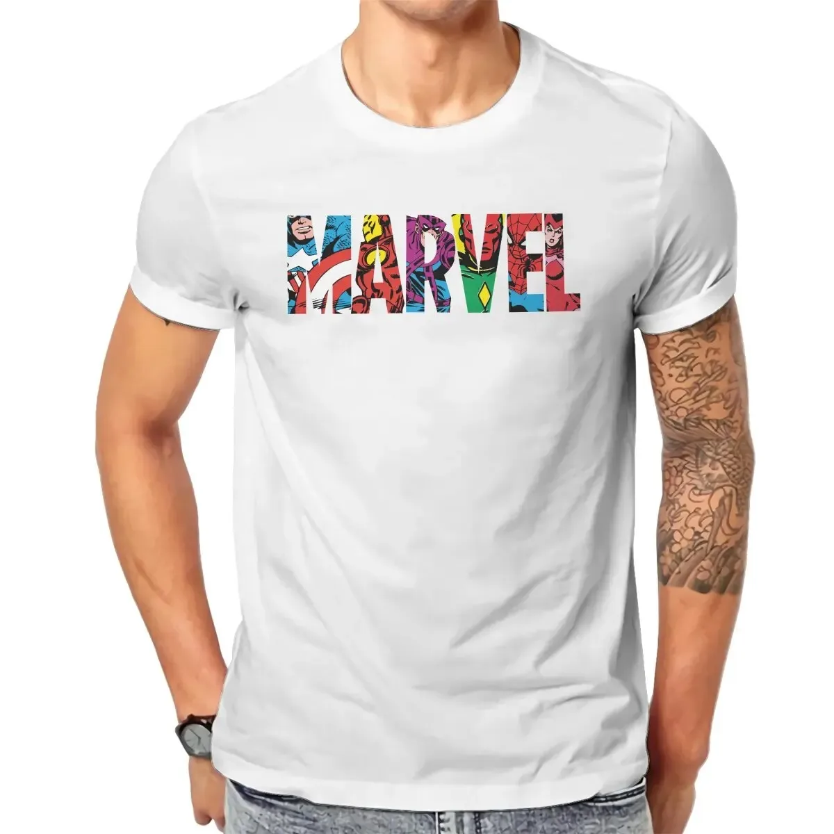 2024 Classic Marvel Character Letter Logo T Shirt Men\'s Pure Cotton Casual T-Shirts Crewneck Tees Short Sleeve Clothing Printed