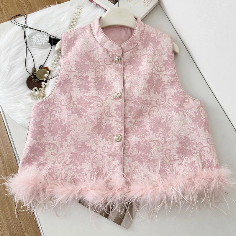New Chinese Style Hanfu Top Women's Luxury Feather Hem Qipao Coat Sleeveless Vest Jacquard Waistvest Classical New Year Clothes