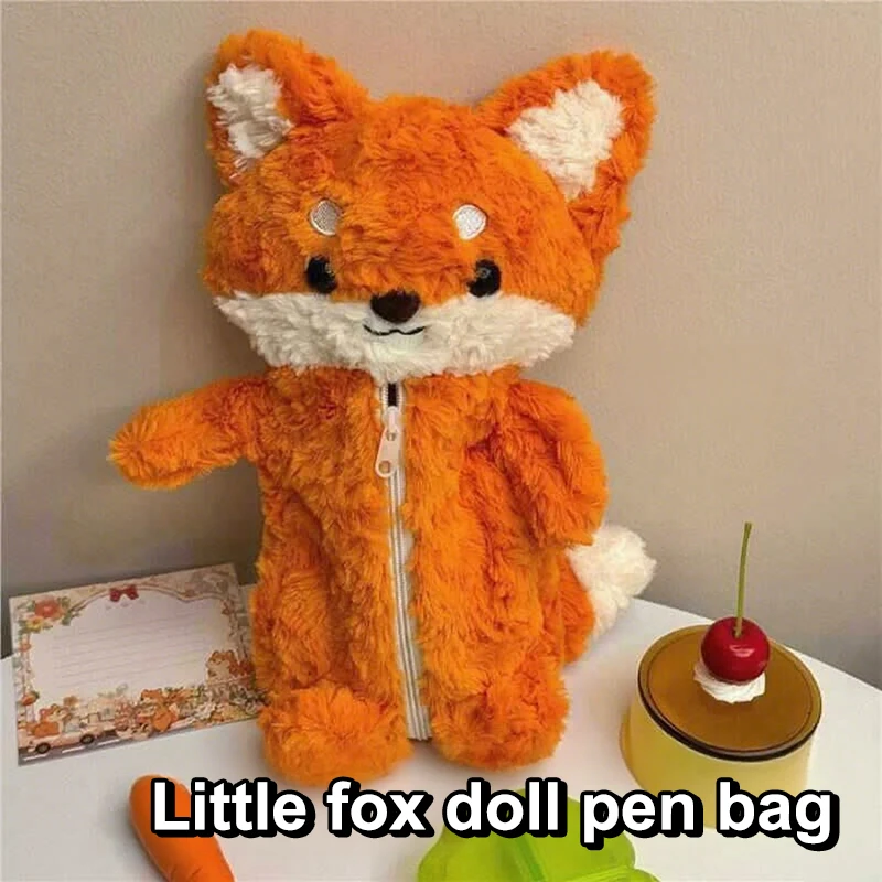 Students Cute Fox Doll Plush Pen Bag Cartoon Animal Pencil Case Large Capacity Stationery Organizer