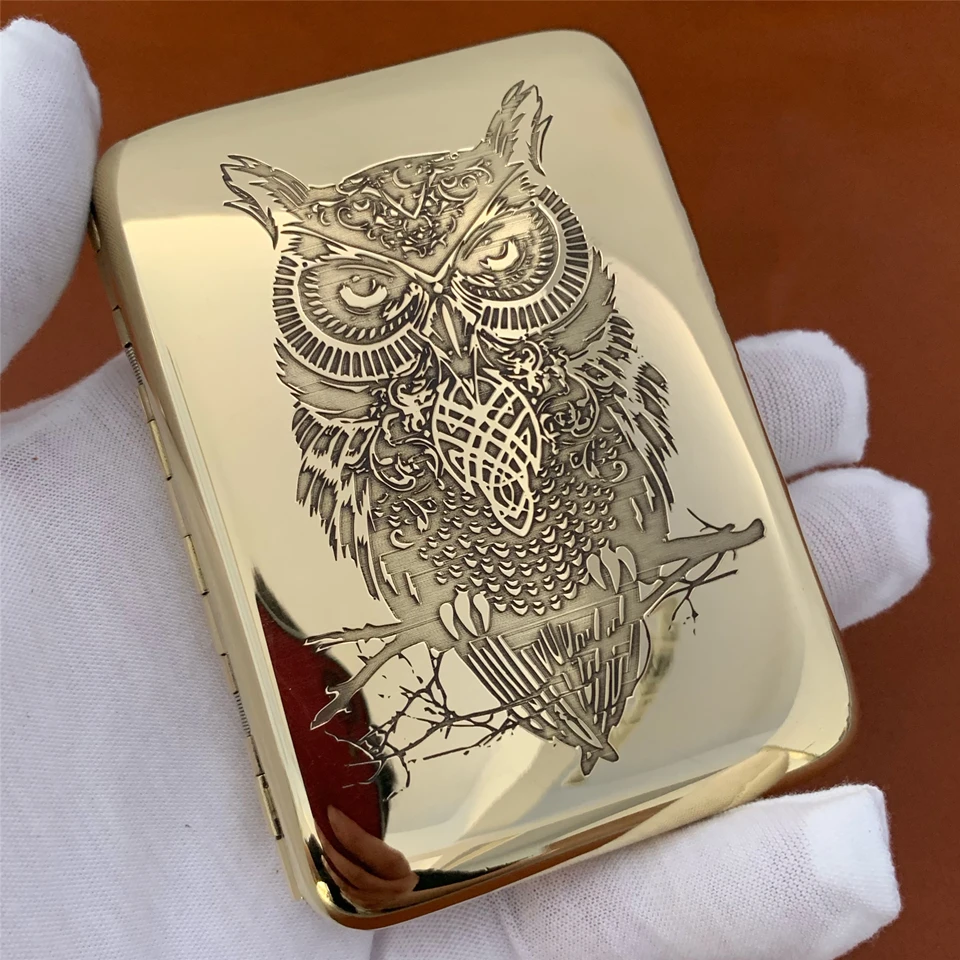 Pure Copper Cigarette Case Owl Zhong Kui Exorcise Evil Spirits Double Sided Engraving Ultra-thin Portable Smoking Storage Box