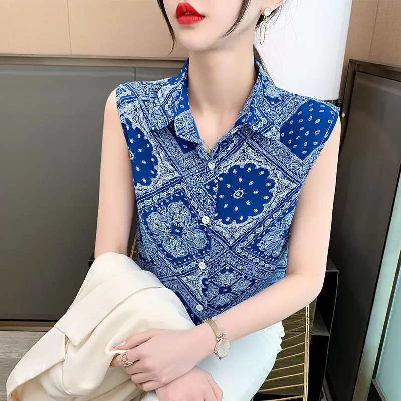 Korean Temperament Summer New Women's Polo-Neck Printing Single Breasted Fashion Office Lady Loose Sleeveless Chiffon Shirt Tops