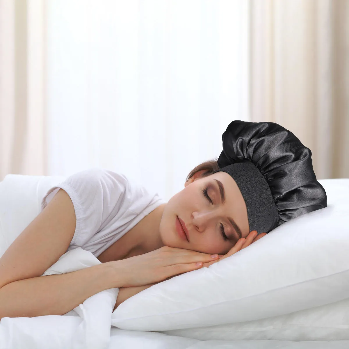 Black Wide Side Sleeping Cap Long Hair Bonnet High Resilience Fabric Sleep Hat Skin Friendly Oil Control Adjustable Fit 56-58Cm