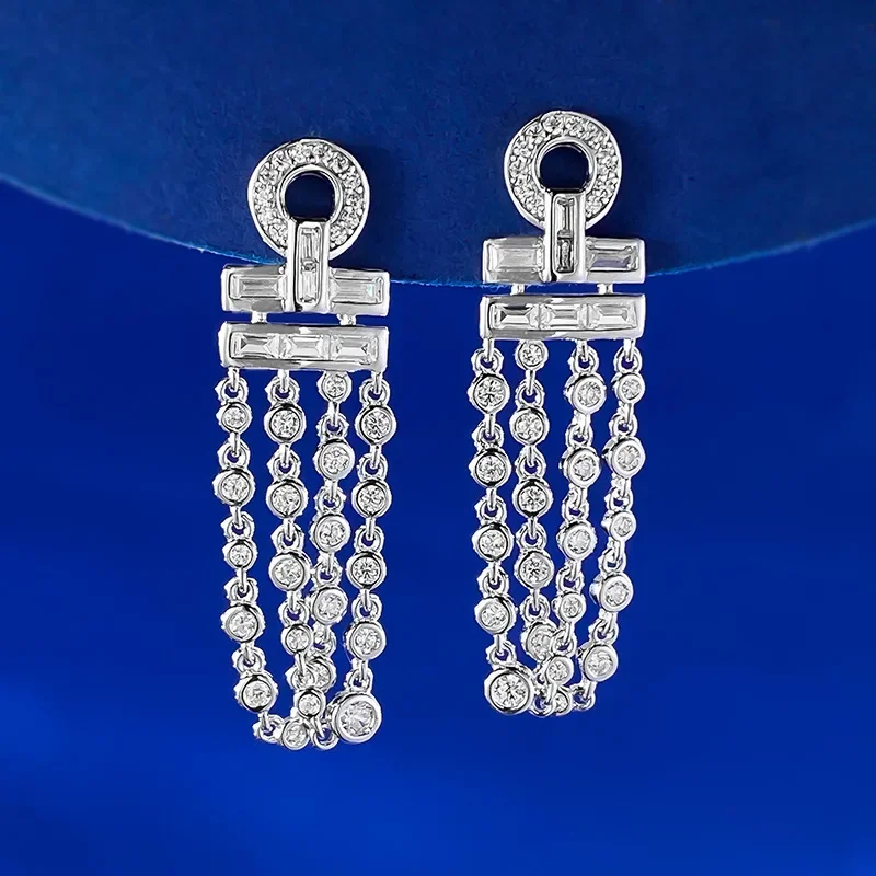 

SpringQiaoer 925 Sterling Silver Long Tassel Lab Created High Carbon Diamond Gemstones Ear Studs Fine Jewelry For Women