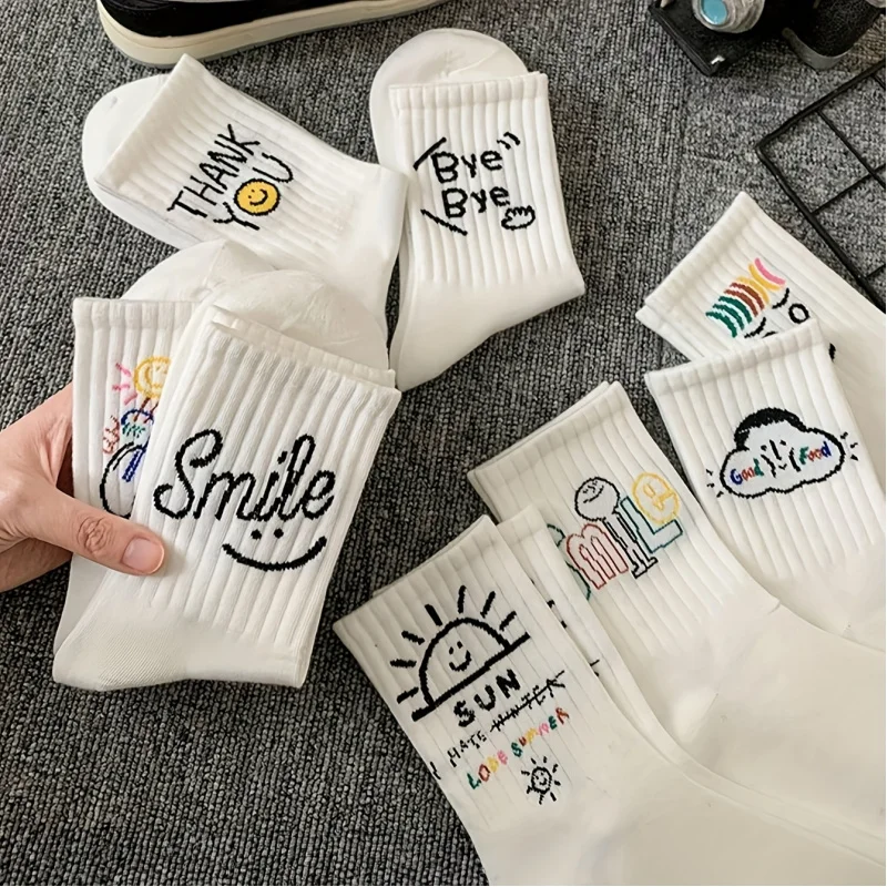 Random 6 Pairs Unisex Smiling Socks, Comfortable And Breathable Mid-Calf Socks Color Block Breathable Dopamine Fashion
