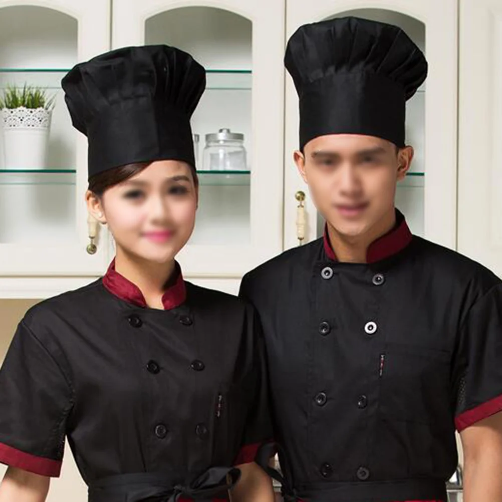 Chapeau de chef pour hommes et femmes, casquette de cuisine en coton et polyester de style champignon noir avec dos élastique, ajustement réglable pour les restaurants