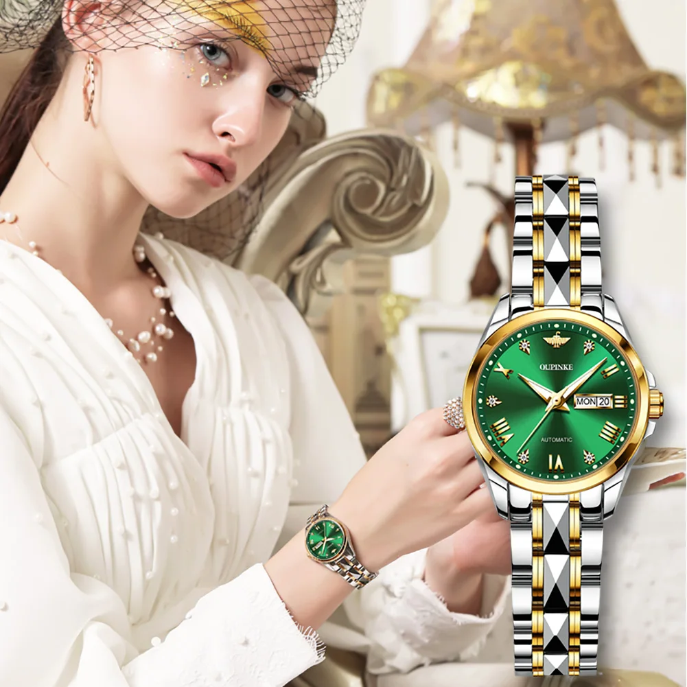 OUPINKE 3171 Women Watch Original Luxury Tungsten Mechanical Watch 50M Waterproof Luminous Watches For Women Dual Calendar