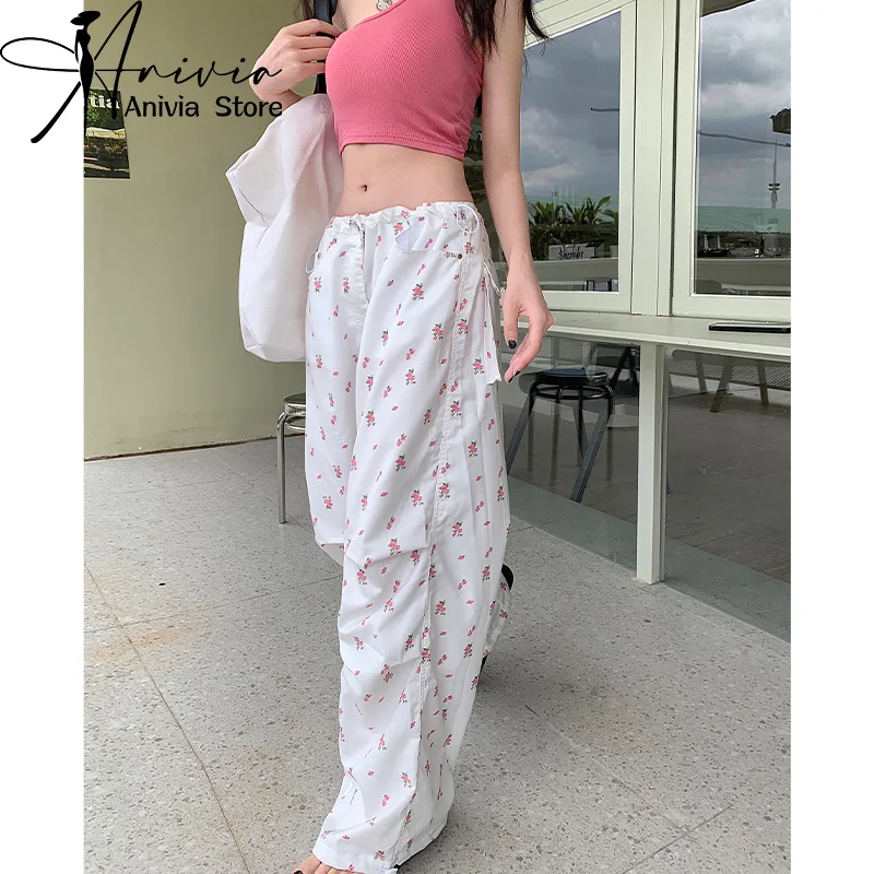 

Women's Spring/Summer Rose White Cute Fashion Casual Sports Street Dance Pants Y2K All-match Loose Baggy Striped Wide Leg Pants