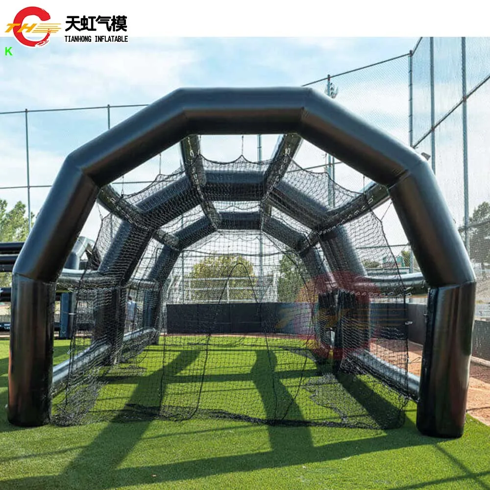 Gabbie da battuta gonfiabili nere con ventilatore Campo sportivo da baseball portatile Gabbia da baseball gigante all'aperto Rete aderente all'aria opzionale