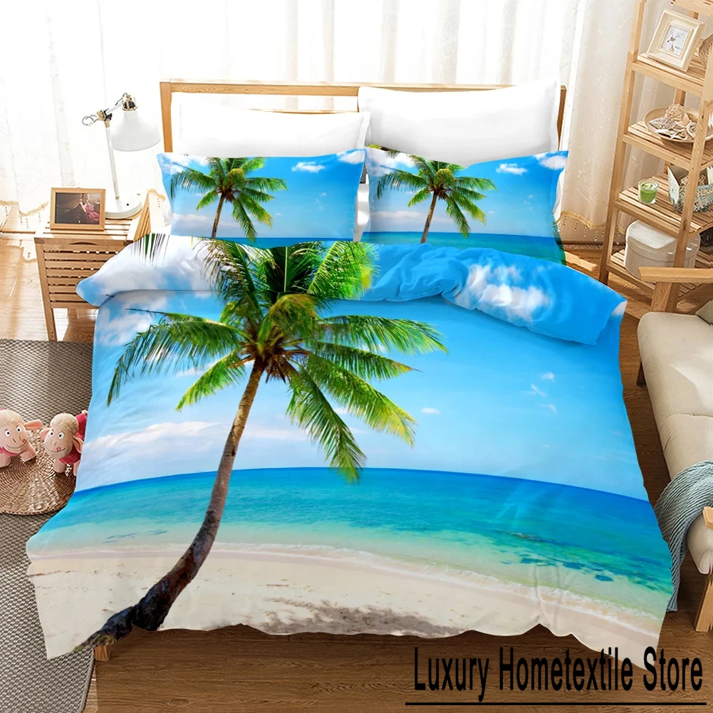 Beach Duvet Cover Set Polyester Tropical Island with The Palm Tree and Sea Beach Nature Theme Double Queen King Size Quilt Cover