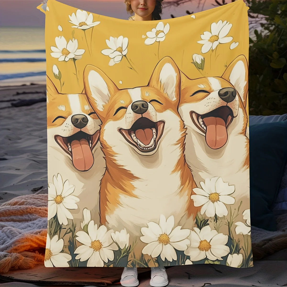 Joyful Corgi Daisy Blanket, Soft Cozy Throw with Happy Dog Faces Design, Perfect Gift Idea for Pet and Flower Lovers Everywhere