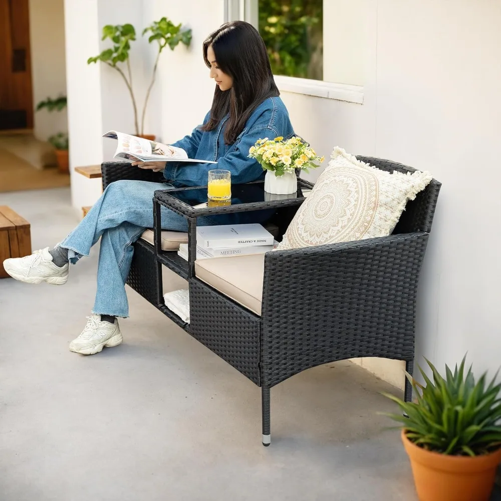 

Outdoor Furniture Patio Loveseat Wicker 2-Seat with Built-in Table and Cushions Rattan Porch Chairs Bench for Balcony