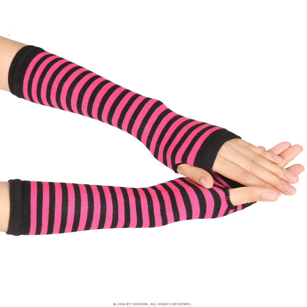 Comfortable Cotton Knitted Dew Finger Warm Winter Women Arm Warmers Striped Glove Hand Mitten Fingerless Gloves