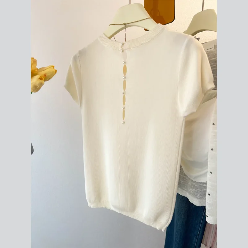 Women Rib Knit Short Sleeve Top Back Pearl Button Cutout Detail White Casual Blouse