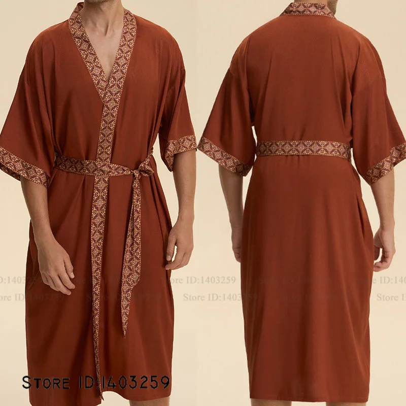 Baroque Style Kimono Bathrobe Gown Homewear Men Kimono Robe Set Vintage Pajamas Set Loose Print Silk Satin Night Wear Loungewear