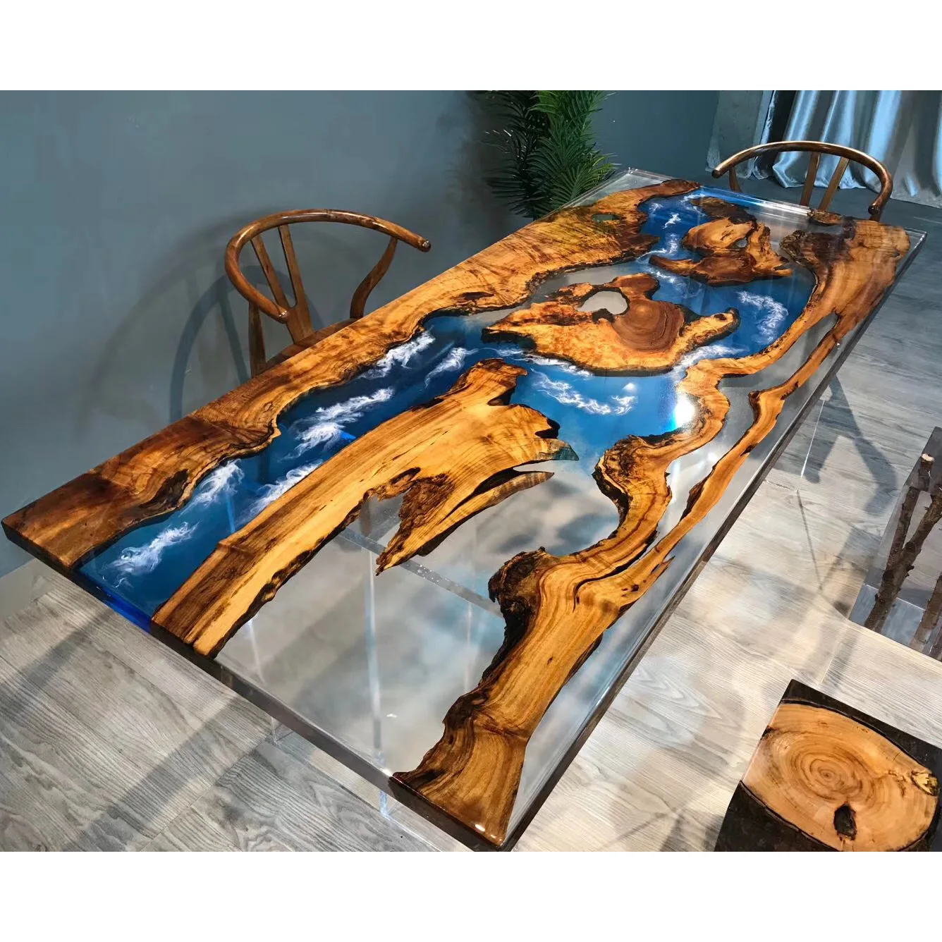 Modern style dining table Ocean solid walnut flat epoxy  River top waterfall design