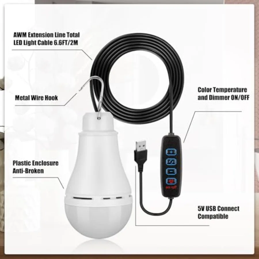 Pcs USB Light String LED Portable Light Bulb Rechargeable USB Strip Camping Lantern with Splitter Cable for Camping Porch Backy
