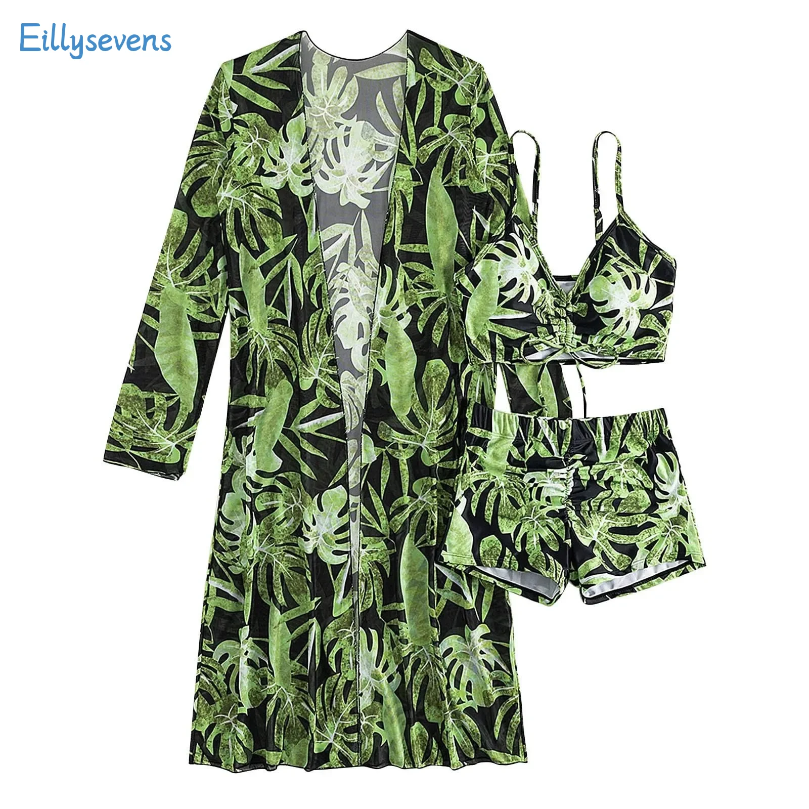 Women'S Three Piece Swimsuit Casual Drawstring Bra Tops Boxer Swim Trunks With Long Sleeve Cover-Ups Set Slim Printed Swimwear