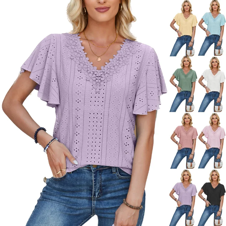 New 2024 Women's Summer Top Lace V-neck Ruffle Sleeve Solid Color Loose Fitting T-shirt Top Women Multiple Colors Available