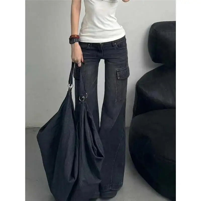 Retro Black Wide Leg Jeans Women High Waist Baggy Denim Trousers with Multi-Pockets for Winter