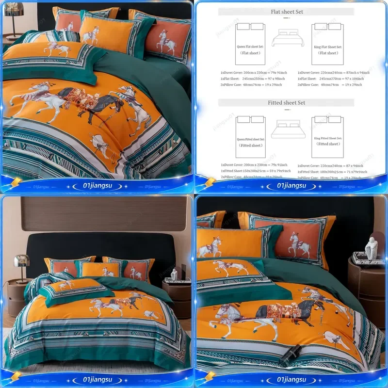 1000TC Egyptian Cotton Bedding Set Luxury Horse Print Duvet Cover Flat Fitted Sheet Pillowcases 4Pcs European Style Home