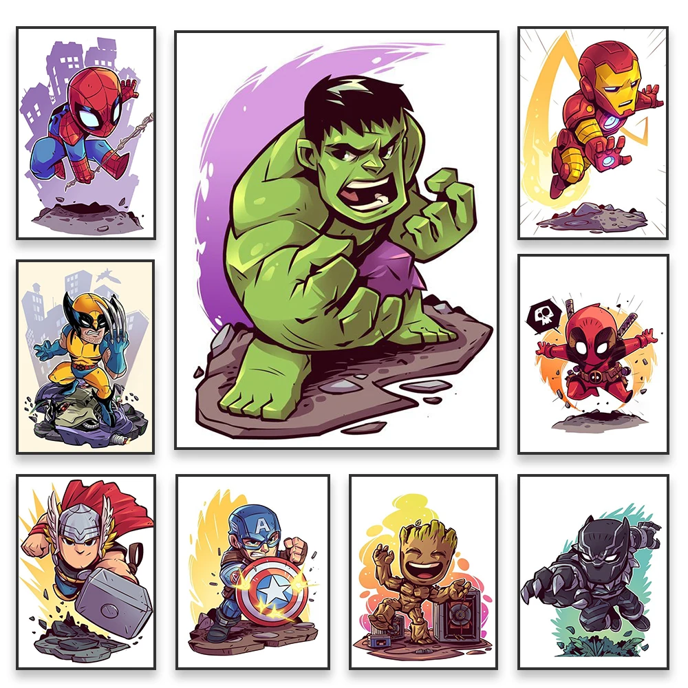 Disney Cute Superhero Cartoon Poster Spider Man Hulk Prints Deadpool And Wolverine Canvas Painting Home Bedroom Decoration