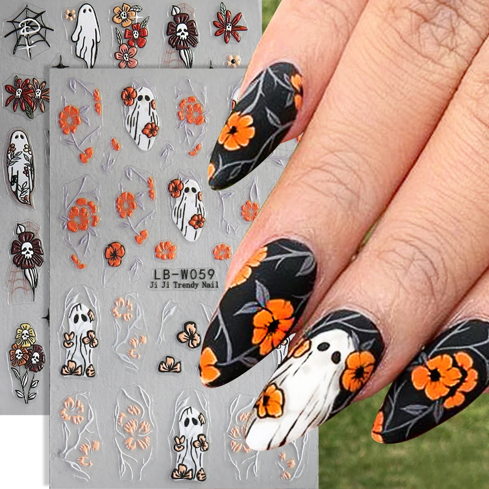 Pegatinas de uñas 5D, decoración de Halloween escalofriante, flor, fantasma, Calavera, margaritas, deslizadores, dijes de araña de frutas, calcomanía de manicura, LEBLB-W059