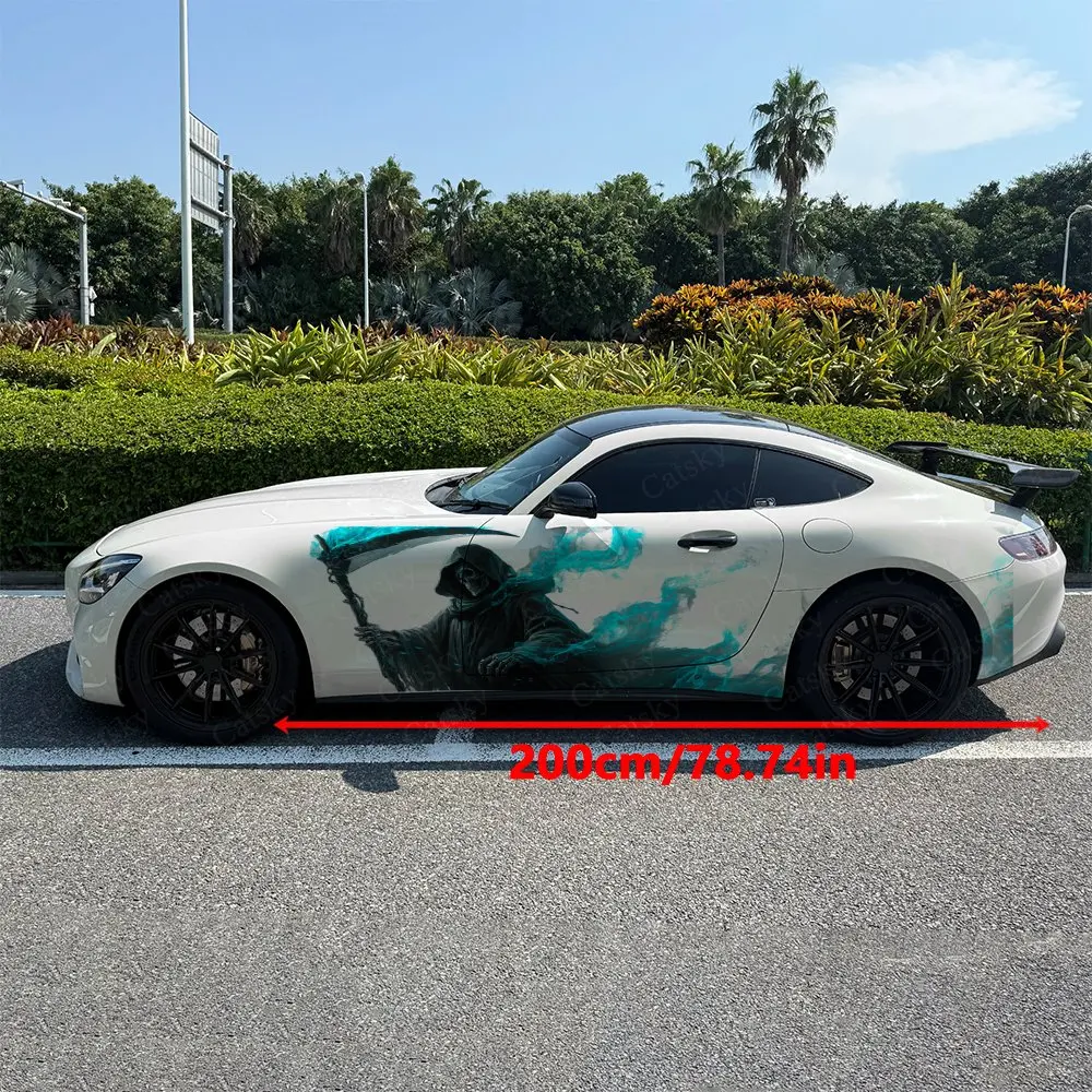 2pcs Cyan Flame Grim Reaper Scythe Car Side Wraps, Self-Adhesive PVC Waterproof & Scratch-Resistant Stickers, Car Accessory Gift