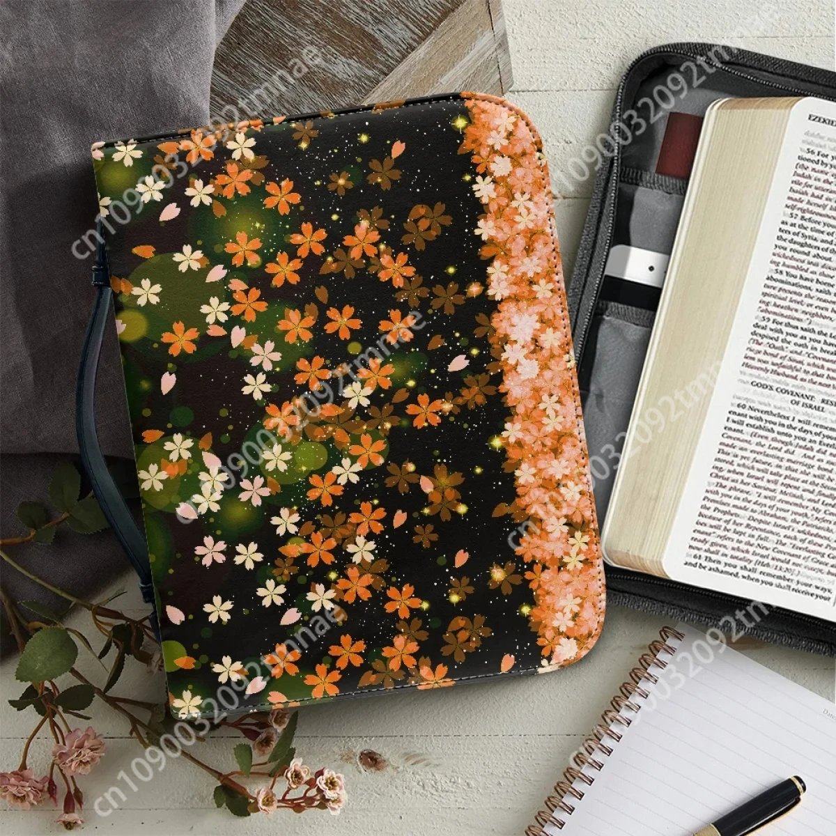 

Fashion Floral Cherry Blossom Custom Leather Bag Handheld Universal Bible Bag Protection Bible Church Prayer Bible Religious