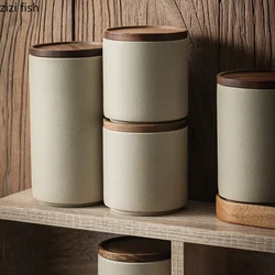 Retro Ceramic Storage Jar Tea Coffee Jars Wooden Lid Sealed Can Organizer Box Home Kitchen Food Storage Containers Kitchen Items