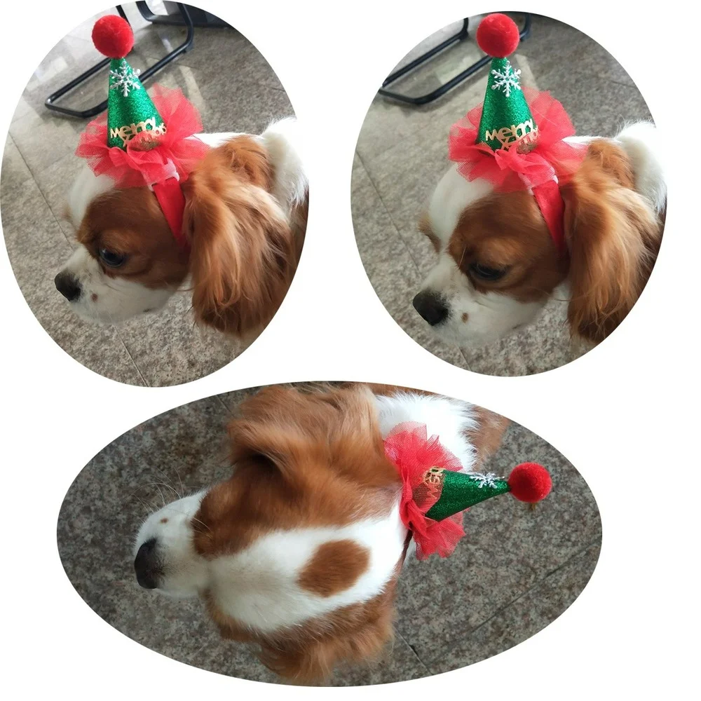 1PC Christmas Pet Dog Cat Caps Cat Hat with Lace Adjustable Dog Strap for Puppy Festival Decorate Hair Accessories Pet Supplies