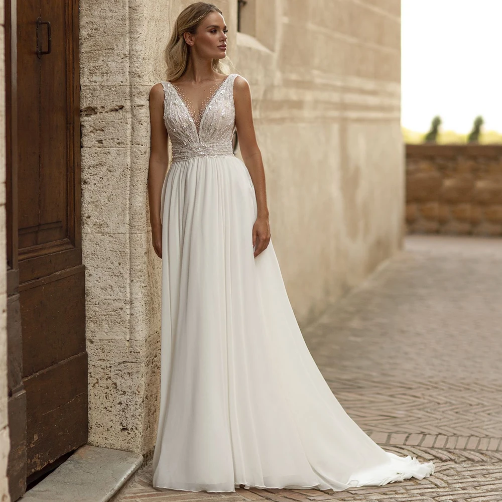 Exquisite Chiffon Sleeveless Wedding Dress for 2023 Brides Chic V-Neck with Crystal Open Back A-Line Bridal Gown Vestido Novia